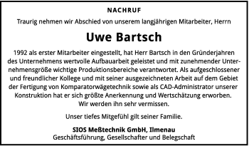 Traueranzeige von Uwe Bartsch von Südthüringer Presse