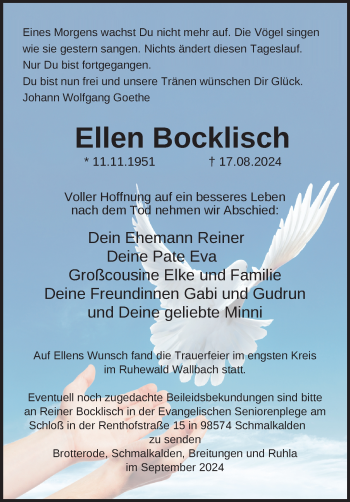 Traueranzeige von Ellen Bocklisch von Südthüringer Presse