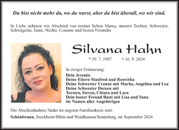 Traueranzeige von Silvana Hahn von Südthüringer Presse