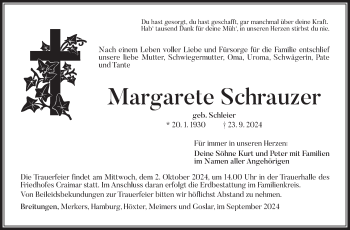 Traueranzeige von Margarete Schrauzer von Südthüringer Presse