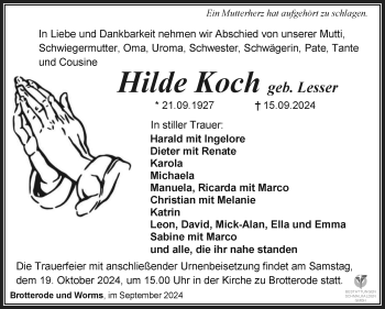 Traueranzeige von Hilde Koch von Südthüringer Presse