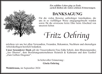 Traueranzeige von Fritz Oehring von Südthüringer Presse