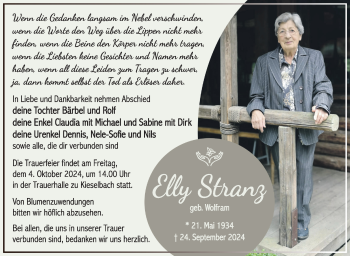 Traueranzeige von Elly Stranz von Südthüringer Presse