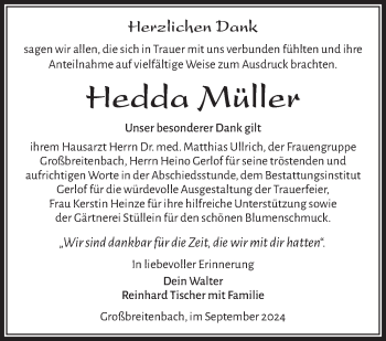 Traueranzeige von Hedda Müller von Südthüringer Presse