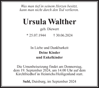 Traueranzeige von Ursula Walther von Südthüringer Presse