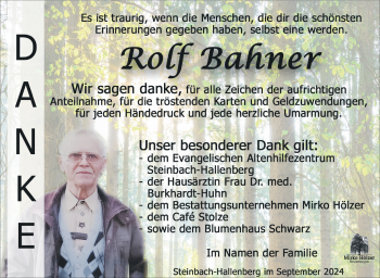 Traueranzeige von Rolf Bahner von Südthüringer Presse
