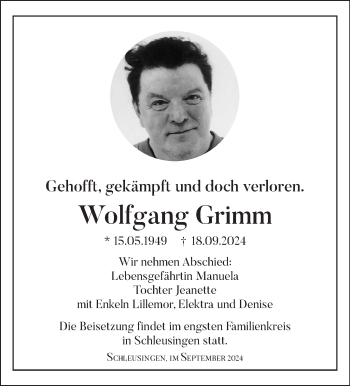 Traueranzeige von Wolfgang Grimm von Südthüringer Presse