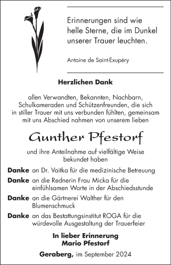 Traueranzeige von Gunther Pfestorf von Südthüringer Presse