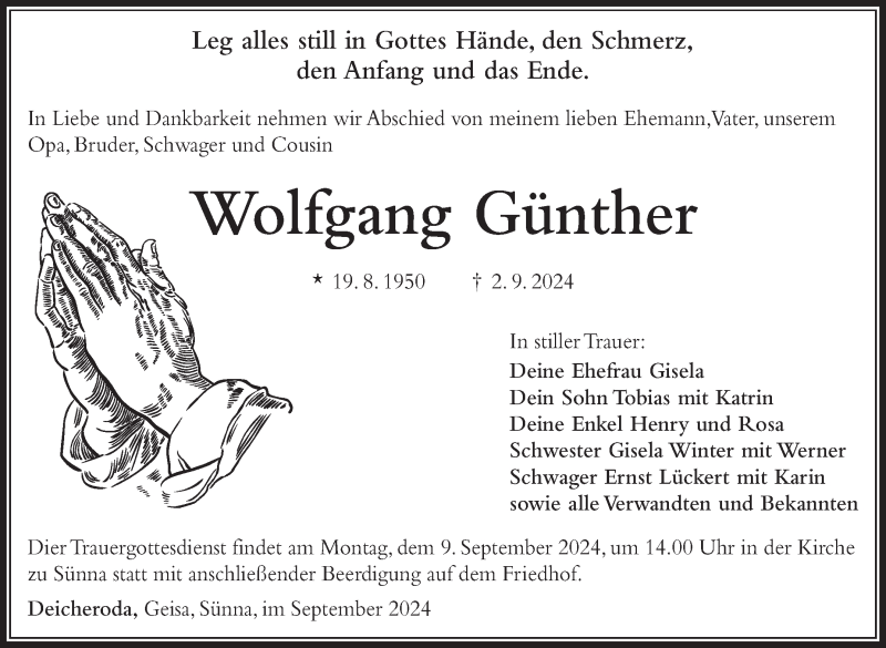  Traueranzeige für Wolfgang Günther vom 05.09.2024 aus Südthüringer Presse