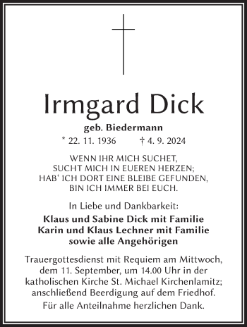 Traueranzeige von Irmgard Dick von Frankenpost