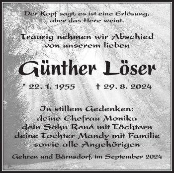 Traueranzeige von Günther Löser von Südthüringer Presse