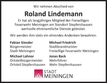 Traueranzeige von Roland Lindemann von Südthüringer Presse