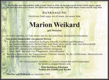 Traueranzeige von Marion Weikard von Südthüringer Presse