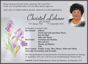 Traueranzeige von Christel Löhner von Südthüringer Presse