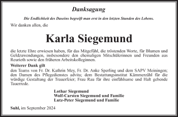 Traueranzeige von Karla Siegemund von Südthüringer Presse