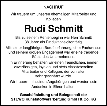 Traueranzeige von Rudi Schmitt von Frankenpost