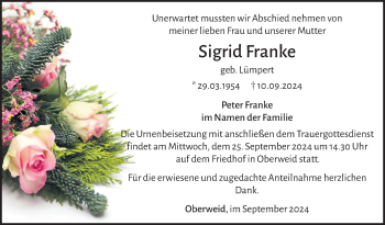 Traueranzeige von Sigrid Franke von Südthüringer Presse