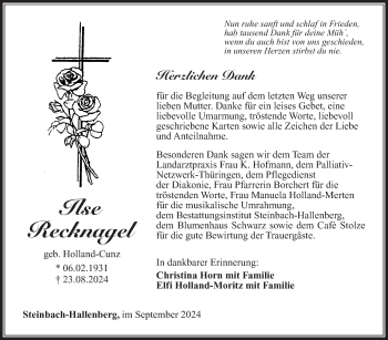Traueranzeige von Ilse Recknagel von Südthüringer Presse