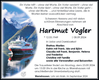 Traueranzeige von Hartmut Vogler von Südthüringer Presse