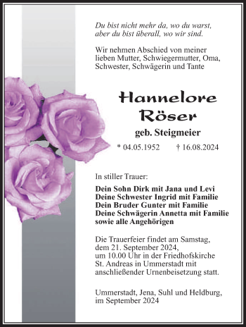 Traueranzeige von Hannelore Röser von Südthüringer Presse