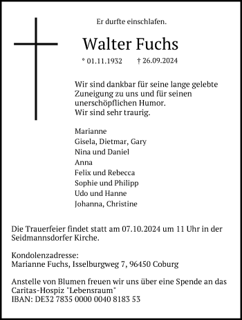 Traueranzeige von Walter Fuchs von Neue Presse Coburg