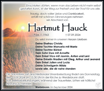 Traueranzeige von Hartmut Hauck von Südthüringer Presse