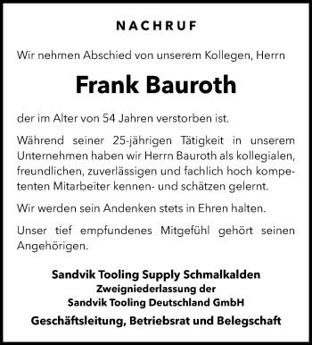 Traueranzeige von Frank Bauroth von Südthüringer Presse