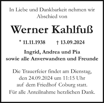 Traueranzeige von Werner Kahlfuß von Neue Presse Coburg