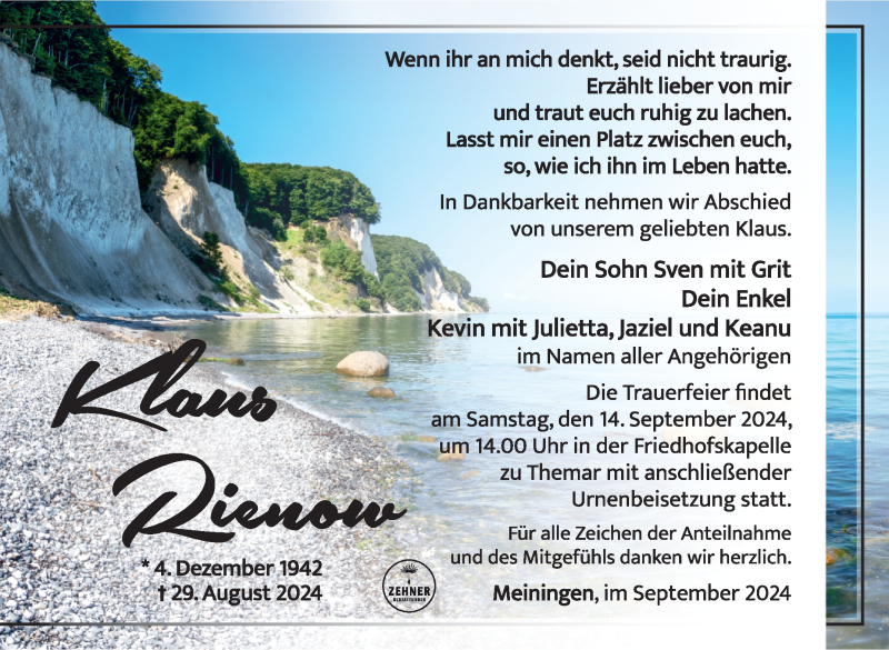  Traueranzeige für Klaus Rienow vom 10.09.2024 aus Südthüringer Presse