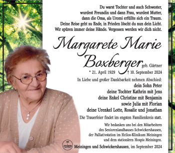 Traueranzeige von Margarete Boxberger von Südthüringer Presse