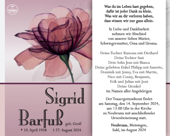 Traueranzeige von Siegfried Barfuß von Südthüringer Presse