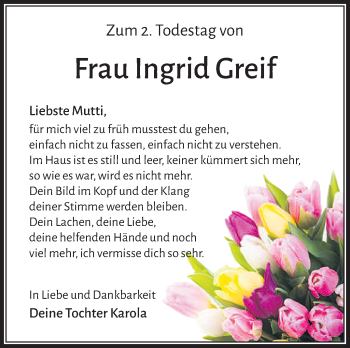 Traueranzeige von Ingrid Greif von Südthüringer Presse