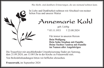 Traueranzeige von Annemarie Kahl von Südthüringer Presse