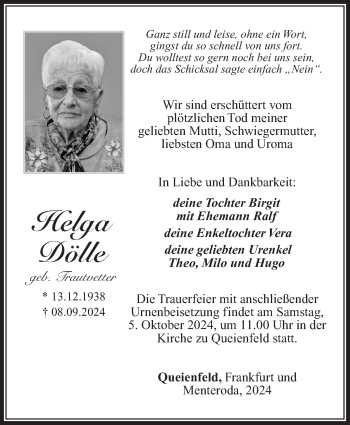 Traueranzeige von Helga Dölle von Südthüringer Presse