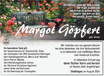 Traueranzeige von Margot Göpfert von Südthüringer Presse