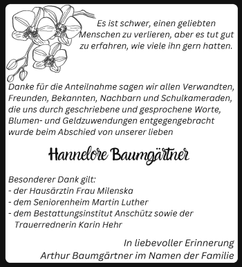 Traueranzeige von Hannelore Baumgärtner von Südthüringer Presse