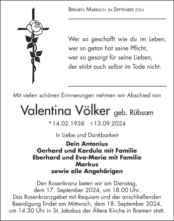 Traueranzeige von Valentina Völker von Südthüringer Presse