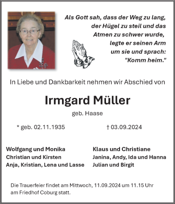 Traueranzeige von Irmgard Müller von Neue Presse Coburg