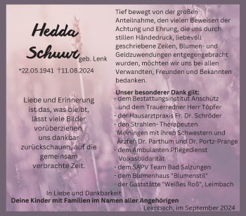 Traueranzeige von Hedda Schuur von Südthüringer Presse