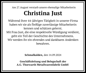 Traueranzeige von Christina Just von Südthüringer Presse