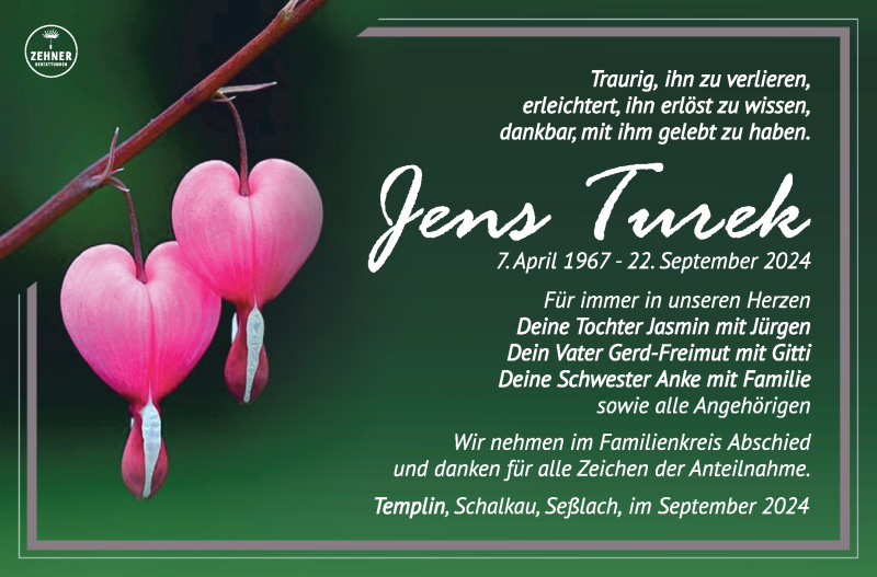  Traueranzeige für Jens Turek vom 28.09.2024 aus Südthüringer Presse