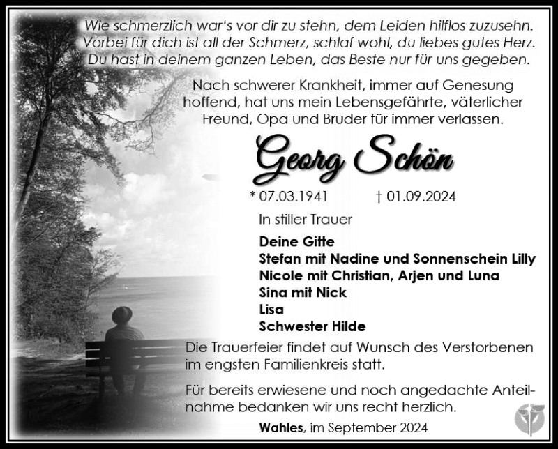  Traueranzeige für Georg Schön vom 14.09.2024 aus Südthüringer Presse