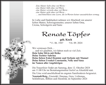 Traueranzeige von Renate Töpfer von Südthüringer Presse