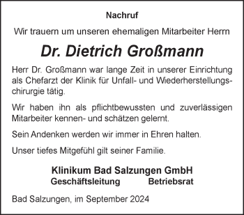 Traueranzeige von Dr. Dietrich Großmann von Südthüringer Presse