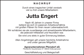 Traueranzeige von Jutta Engert von Südthüringer Presse