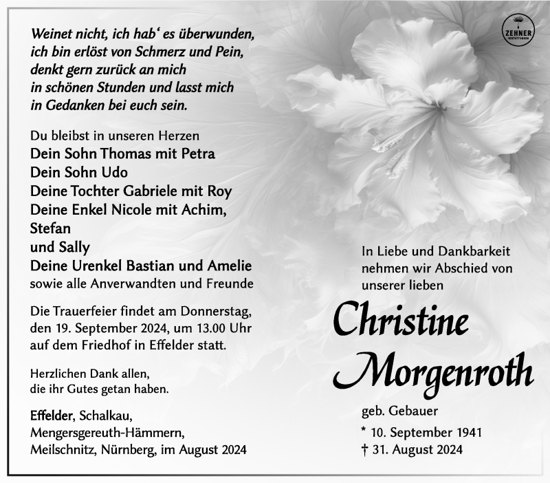 Traueranzeige für Christine Morgenroth vom 14.09.2024 aus Südthüringer Presse