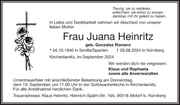 Traueranzeige von Juana Heinritz von Frankenpost