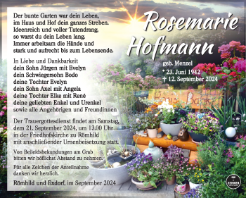 Traueranzeige von Rosemarie Hofmann von Südthüringer Presse