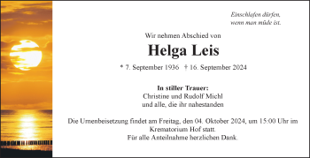 Traueranzeige von Helga Leis von Frankenpost