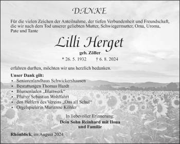 Traueranzeige von Lilli Herget von Südthüringer Presse